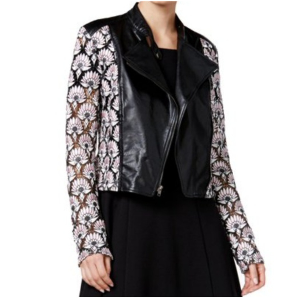 Yyigal Yigal Women's Black Vegan Leather MOTO JACKET Pink Lace Coat‎ EUC